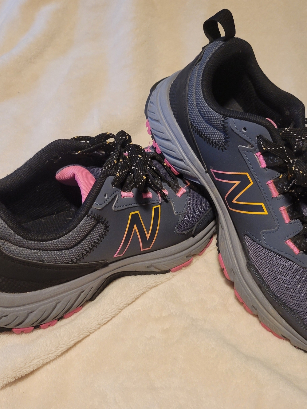 New Balance Womens Gray Sneakers with Pink and Yellow Accents